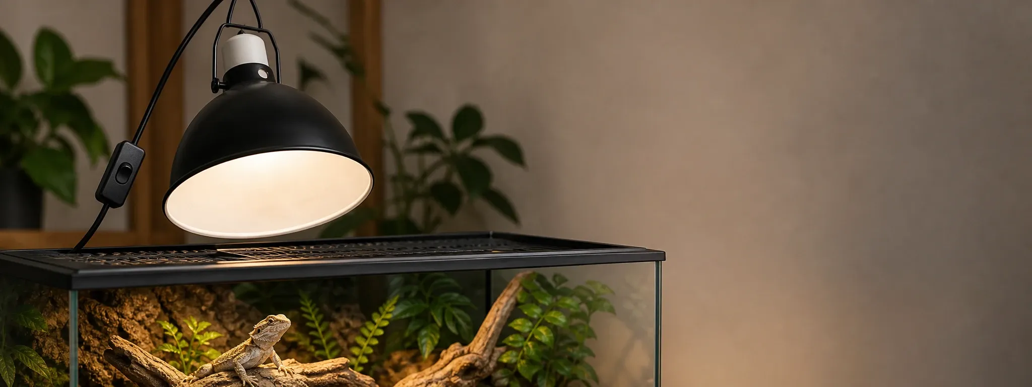 Black deep dome reptile lamp fixture mounted above a terrarium with a basking bearded dragon inside a warm, natural habitat setting.