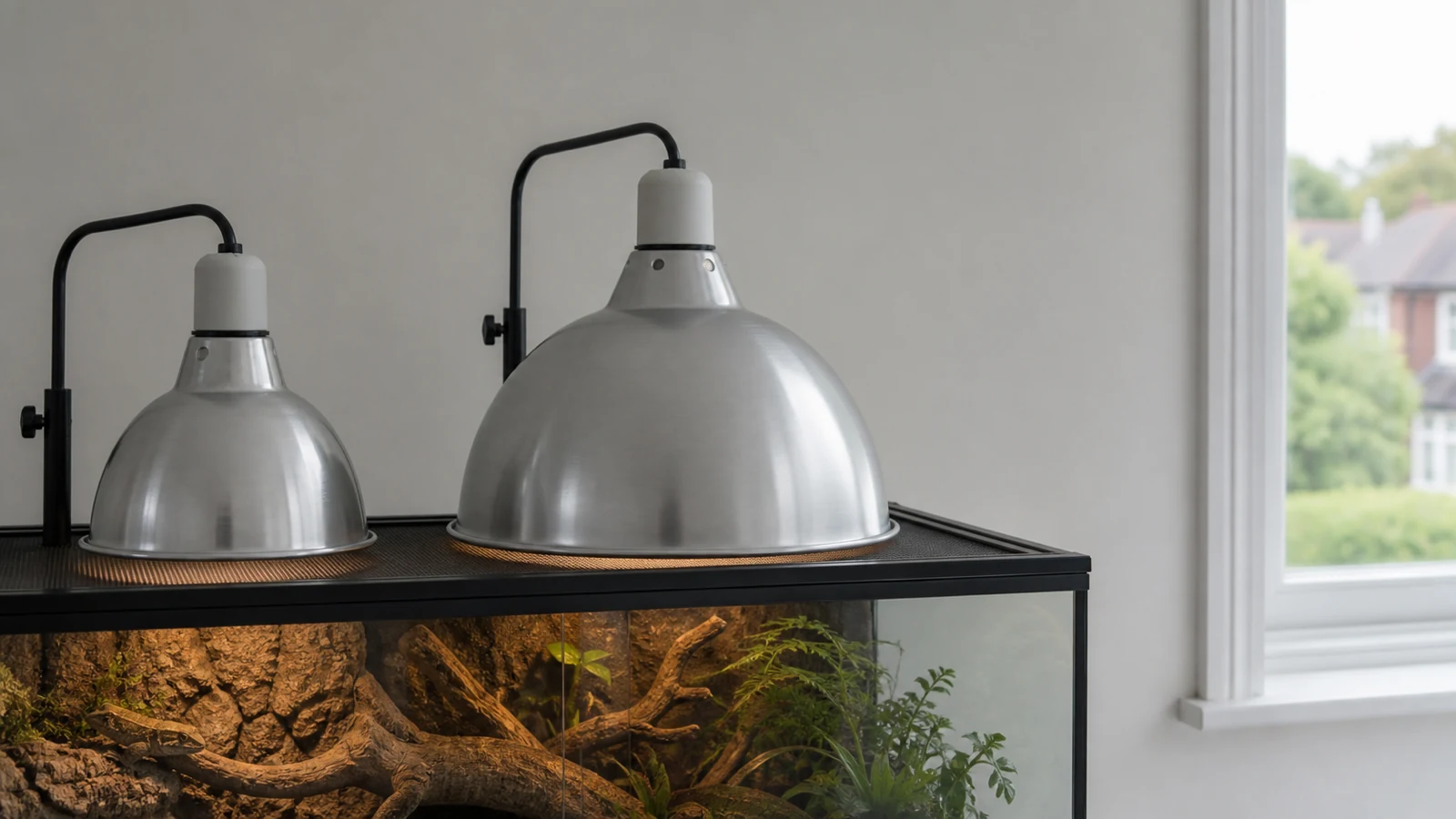Comparison of smaller and larger deep dome reptile lamp fixtures above a mesh-top enclosure