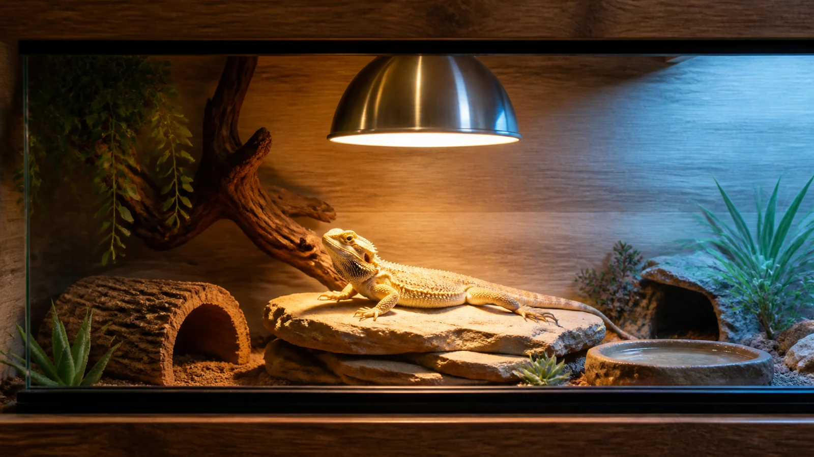 Deep dome basking lamp fixture positioned over a bearded dragon basking area