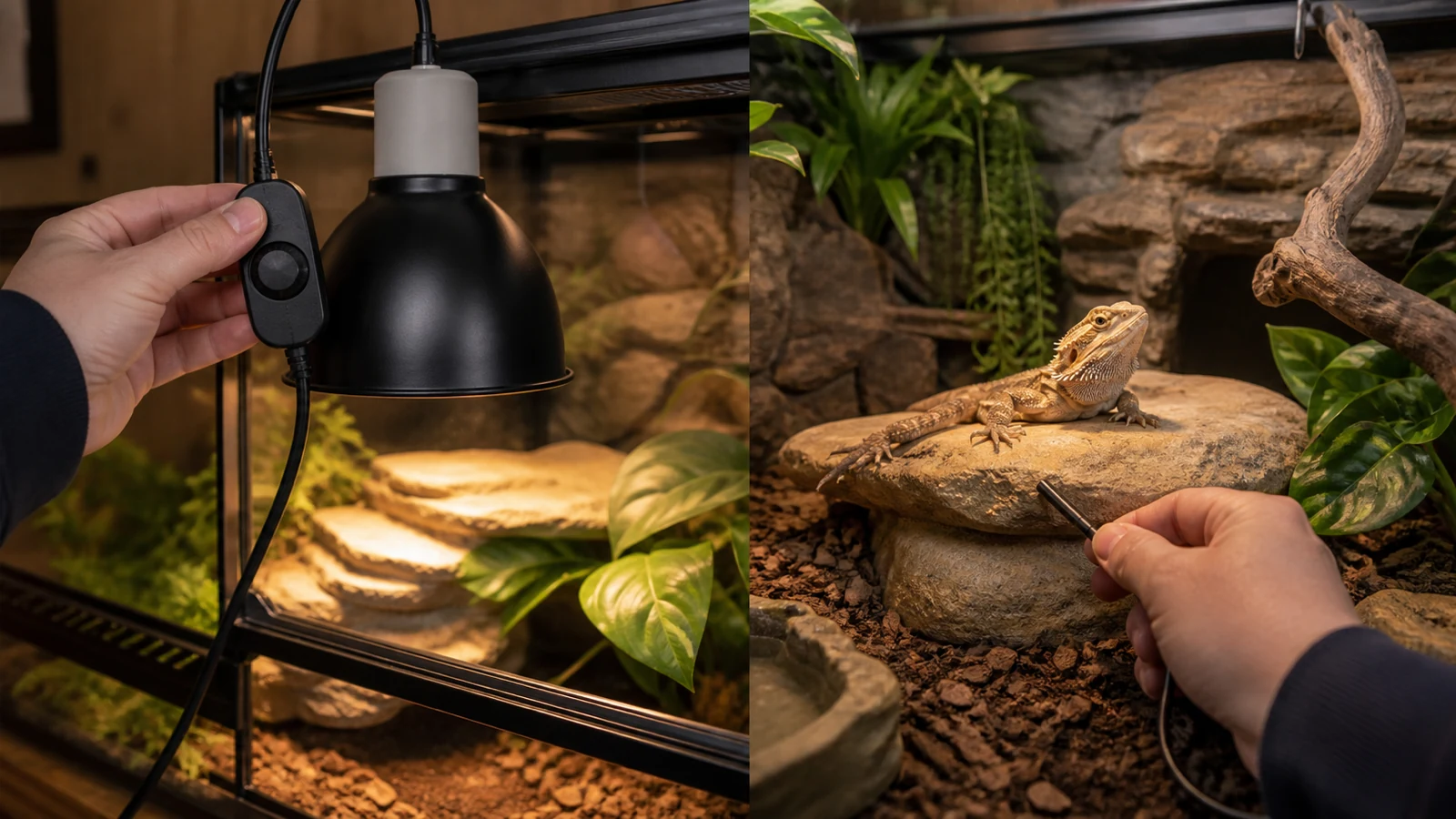Reptile lamp fixture switch beside a thermostat probe in a vivarium setup