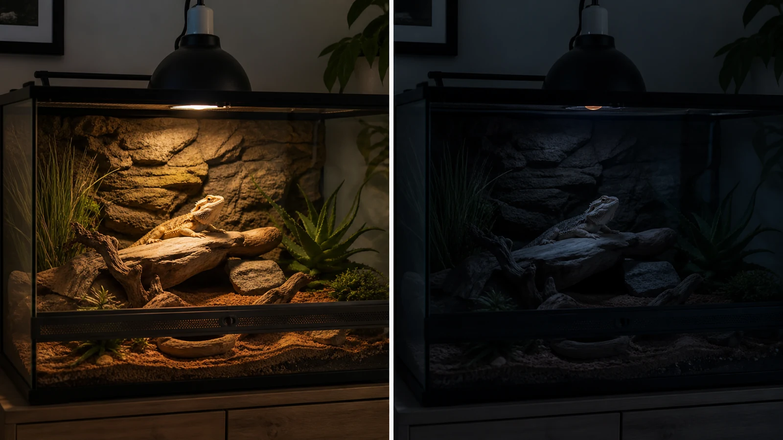 Day and night vivarium lighting schedule with overhead lamp fixture