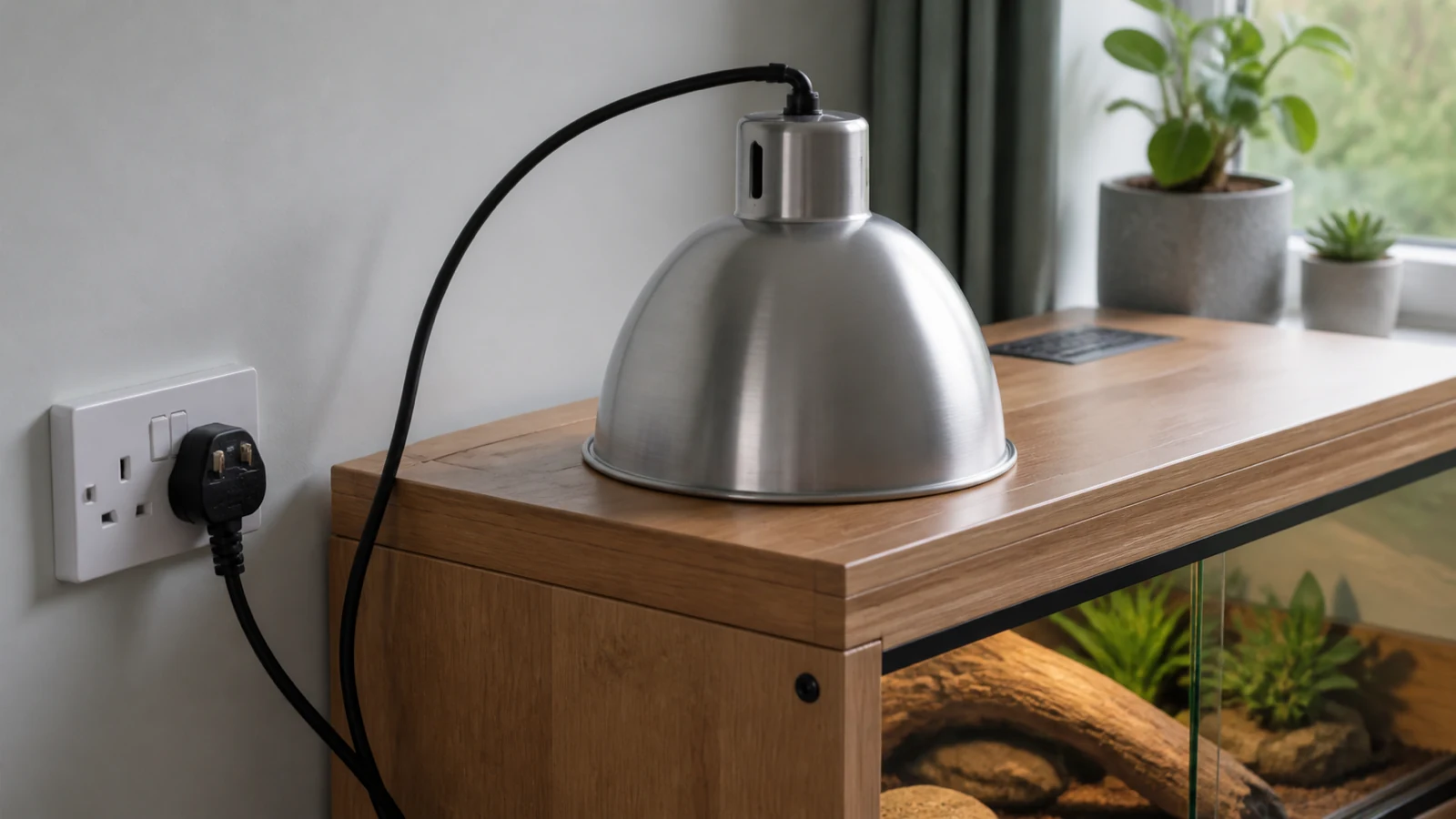UK three-pin plug connected to a deep dome reptile lamp fixture on a vivarium